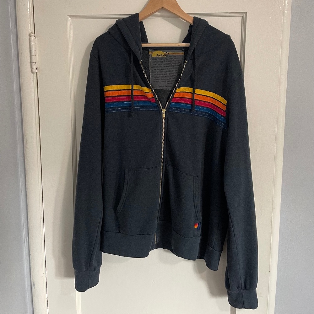Aviator Nation 5 stripe zip hoodie Unisex (new) -XL charcoal